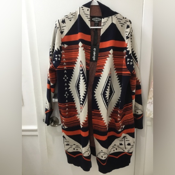 Oliver.O Sweaters - Oliver.O Orange, blue and cream Aztec Southwestern long cardigan NWT size XL